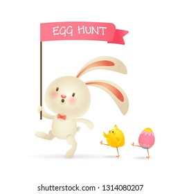 Little bunny leading egg hunt. Easter rabbit, chick and egg marching on Easter day. Can be used for topics like holiday, game, tradition