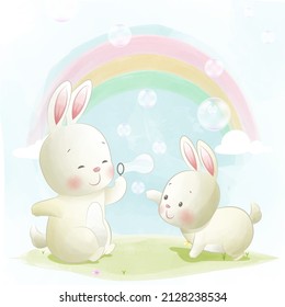 Little bunny makes soap bubbles illustration