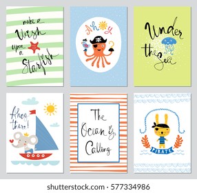 Little bunny and octopus pirates, cute sailor elephant, parrot and lettering design. Good for kid's or baby's wall art, fashion tee shirt prints, birthday party invitations and greeting cards. 