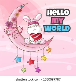 Little Bunny on the moon. Cute Bunny illustration. Bunny  Rabbit cartoon. animal vector-vector