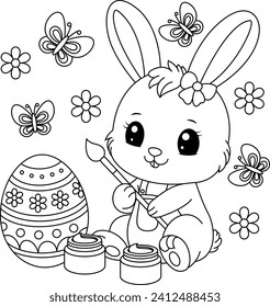 Little Bunny paints Easter eggs coloring page 