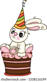 Little bunny with party hat sitting on chocolate cake