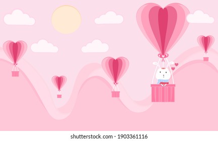 Little bunny in pink balloon Happy valentines day