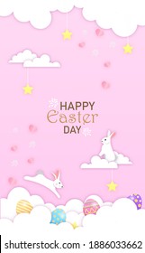 The Little bunny playing Easter eggs on cloud. Happy Easter postcard of vector paper cut.