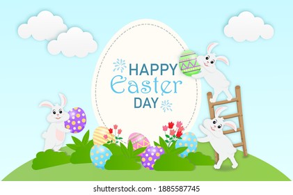 The Little bunny playing hiding Easter eggs.Happy Easter postcard of vector paper cut.
