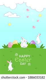 The little bunny plays hiding Easter eggs in the meadow.. Happy Easter postcard of vector paper cut.