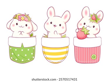 Little bunny in pocket. Baby collection of cute pets in pockets. Set of childish print with funny rabbits. Can be used for t-shirt, stickers, greeting card design. Vector illustration EPS8