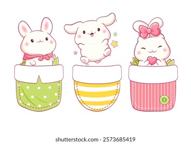 Little bunny in pocket. Baby collection of cute pets in pockets. Set of childish print with funny rabbits. Can be used for t-shirt, stickers, greeting card design. Vector illustration EPS8