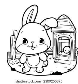 little bunny presenting. Vector illustration coloring page.