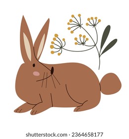 Little bunny rabbit sitting on the ground, hand drawn isolated vector illustration 