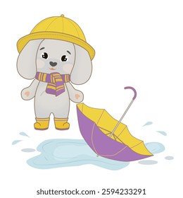 Little bunny in rubber boots in the rain and feeling happy