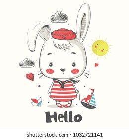 little Bunny sailor.cartoon hand drawn vector illustration. Can be used for baby t-shirt print, fashion print design, kids wear, baby shower celebration greeting and invitation card.