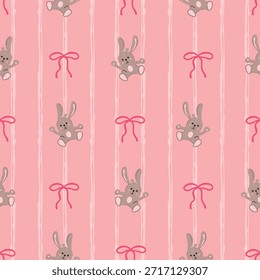 Little bunny seamless pattern. Funny cartoon leveret on a pink background with vertical jagged lines and bows. Cute childish print on fabric and paper. Vector design for textile, endless wallpaper.