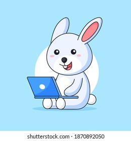 Little bunny sit sit and using computer laptop for freelance working job animal mascot character vector illustration cartoon design