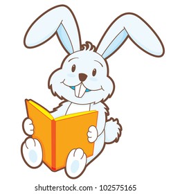 A little bunny sitting down reading a book.