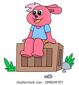 The little bunny is sitting with a smiling expression, character cute doodle draw. vector illustration