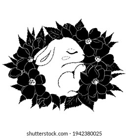 The little bunny sleeps in flowers. The silhouette is black and white. Vector illustration