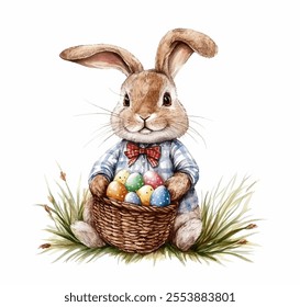 Little bunny surrounded by eggs in grass, perfect for Easter-themed designs, greeting cards and festive projects. Cute white rabbit seating on the grass, isolated on white.