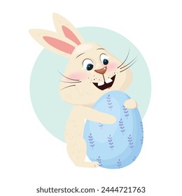 Little bunny tenderly embraces a vibrant painted Easter egg. Easter illustration 
