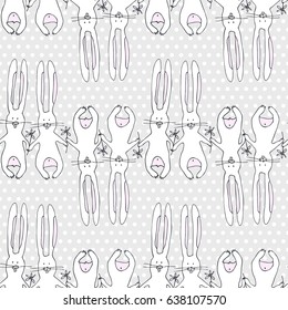 Little bunny. Vector illustration of seamless baby pattern. Polka dot background.