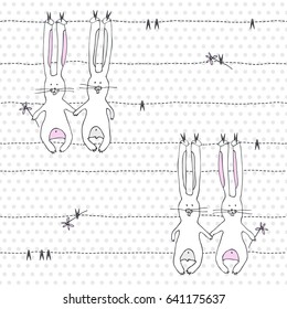 Little bunny. Vector illustration of seamless baby pattern. Polka dot background.