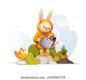 A little bunny watering a big carrot, with a small chicken standing nearby, vector clipart illustration on a white background