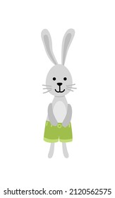Little bunny. Young easter boy rabbit in green shorts. Young coney, infant rabbit, young rabbit. Isolated vector stock illustration eps 10 on white background