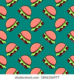 Pequeñas hamburguesas, patrón sin costuras sobre fondo verde.