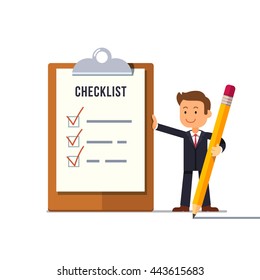 Little business man with marked checklist on a clipboard paper. Ticks on a paper check list. Manager with all tasks done. Flat style cartoon vector illustration.