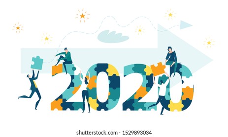 Little business people working around 2020 New year sign made of puzzle pieces. Arranging celebration