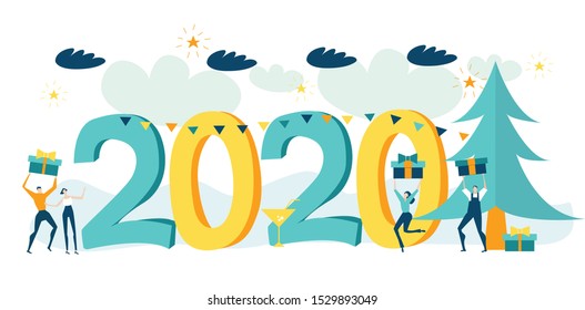 Little business people working around 2020 New year sign and Christmas tree. Arranging celebration, caring gifts and presents