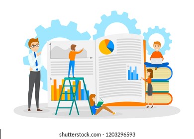 Little business people working with book. Working with finance. Group of workers doing paper work. Isolated flat vector illustration