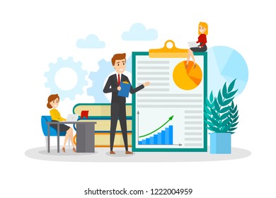 Little business people working together. Make up strategy and get achievement. Man show the presentation or business plan. Work process. Isolated flat vector illustration
