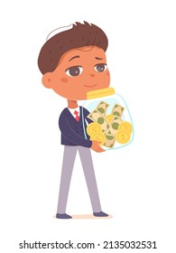 Little businessman holding jar with money in hands vector illustration. Cartoon cute rich boy in suit carrying glass moneybox with cash dollar and gold coins, learning to save money isolated on white