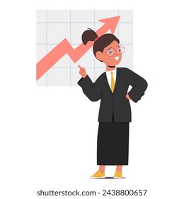 Little Businesswoman Character Confidently Presents A Chart, Showcasing Her Entrepreneurial Spirit. With Determination, She Articulates Ideas, Embodying A Young Leader With A Promising Future, Vector