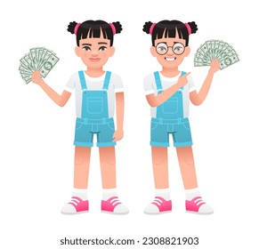 Little businesswoman. A happy girl holds dollar bills in her hand. A beautiful child with money in his hand. Vector cartoon illustration on a white background.