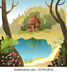 Little Cabin By The Lake Vector Illustration