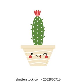 Little cactus in a cute smiling flower pot. Kawaii cartoon hand drawn houseplant illustration isolated on white background