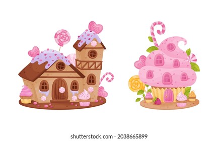 Little candy houses set. Lovely cottages made of sweets, biscuits and candies cartoon vector illustration