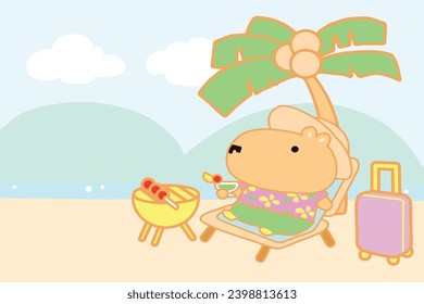 Little Capybara relaxing on the beach cartoon style.