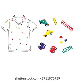 Pequeño coche en todo el patrón de los muchachos polo camiseta ilustraciones