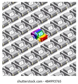 Little car in gay pride colors on a parking lot filled with monotone gray cars (isometric view)