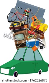 Little car loaded with assorted household items and furniture, ready to move or travel, EPS 8  vector illustration