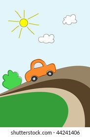 Little car on road, vector background for kids