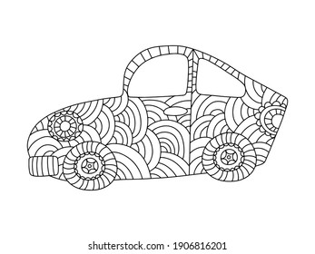Little car ornamental coloring page for kids and adults vector. Zen art automobile black outline isolated on white. Detailed fantasy transport stock vector illustration. Black and white ornamental car
