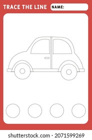 little car. Preschool worksheet for practicing fine motor skills - tracing dashed lines. Tracing Worksheet. Illustration and vector outline - A4 paper ready to print.