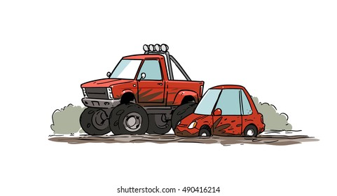 Little car stuck in mud and big off-road pickup truck. Cartoon illustration