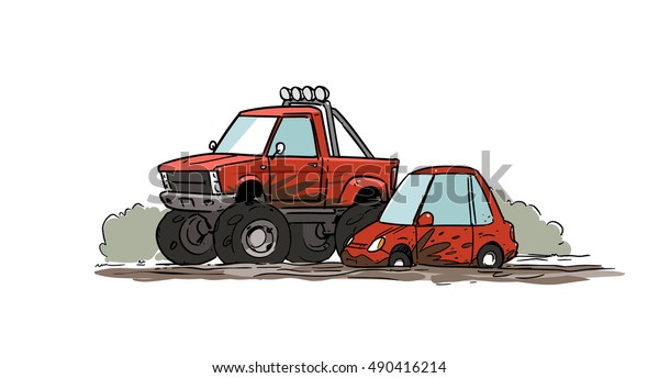 Little car stuck in mud and big off-road\
pickup truck. Cartoon\
illustration
