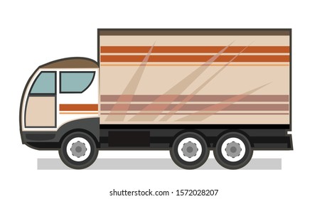 Little car truck. Vector. Cartoon. Flat. A small truck for transporting goods. Cargo services. Auto freight.Delivery consignment. Dispatch machine shipment. Logistics lading. Truck weight, burden.