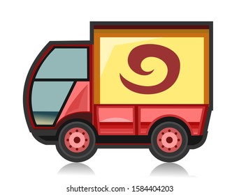 Little car truck. Vector. Flat. Cargo services. Cartoon.Dispatch machine shipment. Auto freight. Delivery consignment. A small truck for transporting goods. Van, camion. Logistics lading. Truck weight